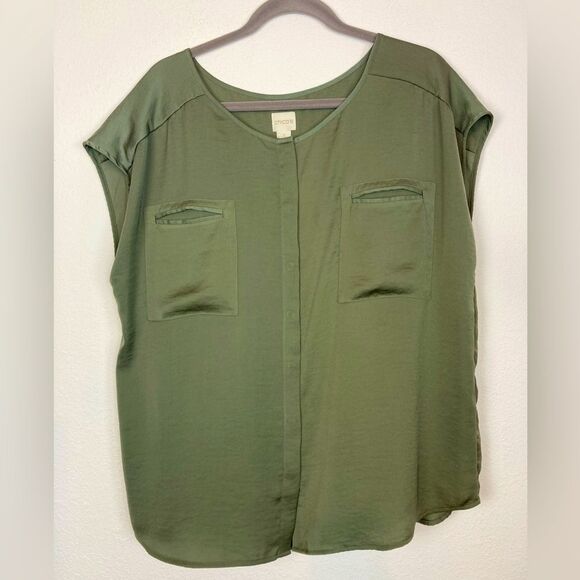 Chicos Cap Sleeve Boxy Blouse w/ pockets hidden button down 3 - Picture 1 of 9